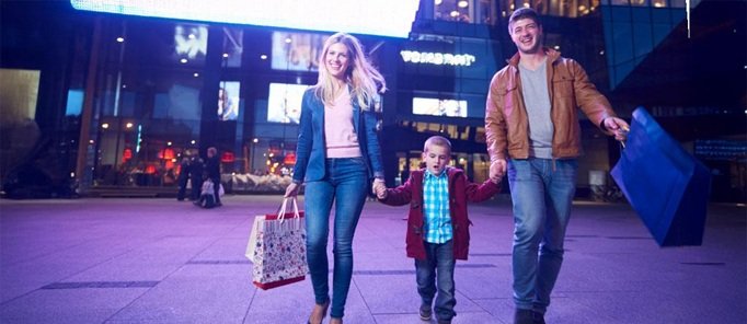 family at Darling Harbour precinct or walkway (night image)