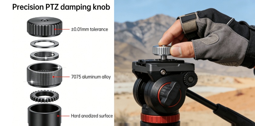 Exploded diagram of a custom aluminum CNC turned knob next to it being used on a camera gimbal in an outdoor setting, illustrating tolerance and application.