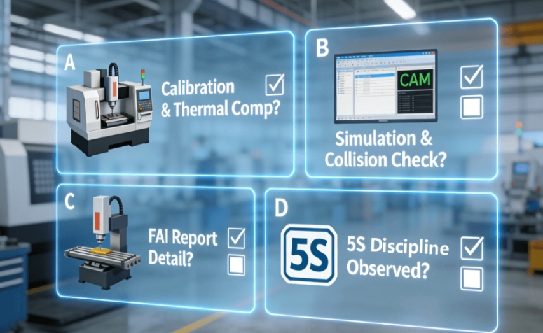 An infographic of a digital assessment checklist for a factory tour, highlighting key evaluation points: machine calibration, digital thread (CAM simulation), quality metrology, and operational discipline (5S).